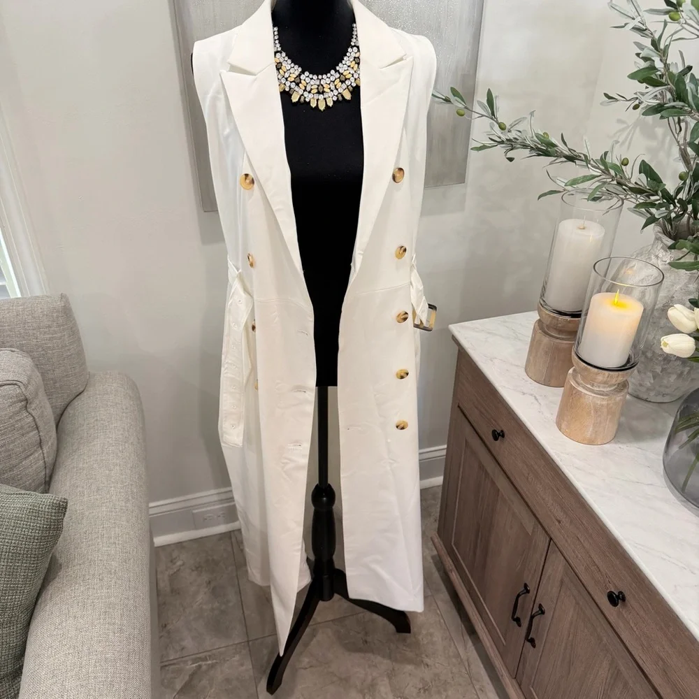 NWT Riva White Double-Breasted Sleeveless Trench Dress - Picture 5 of 14